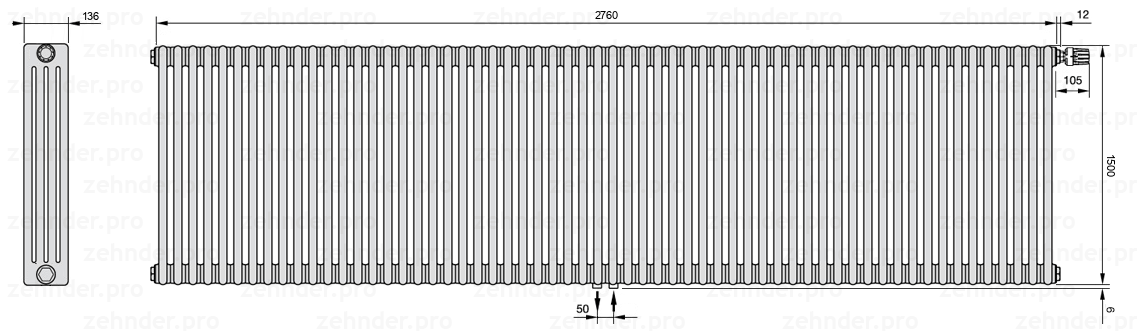 Схема (чертеж) Радиатор Zehnder Charleston 4150/60 №V008 Белый глянцевый RAL 9016